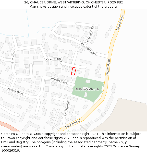 26, CHAUCER DRIVE, WEST WITTERING, CHICHESTER, PO20 8BZ: Location map and indicative extent of plot