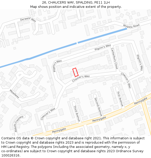 26, CHAUCERS WAY, SPALDING, PE11 1LH: Location map and indicative extent of plot