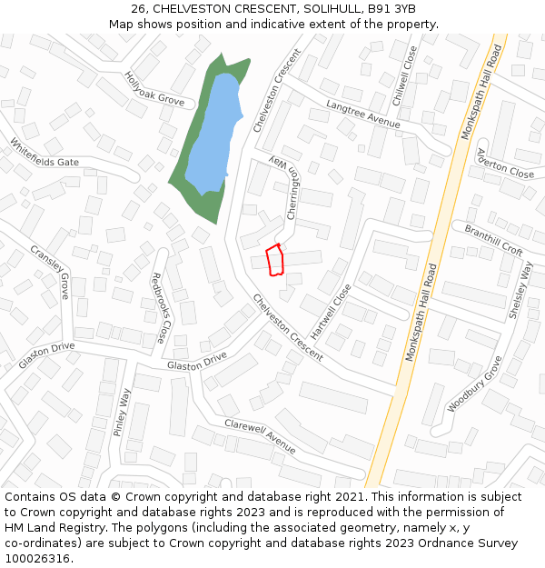 26, CHELVESTON CRESCENT, SOLIHULL, B91 3YB: Location map and indicative extent of plot