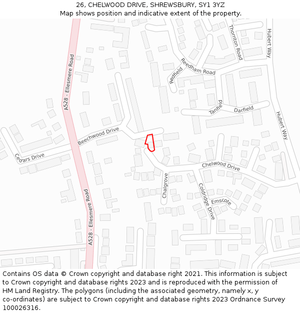 26, CHELWOOD DRIVE, SHREWSBURY, SY1 3YZ: Location map and indicative extent of plot