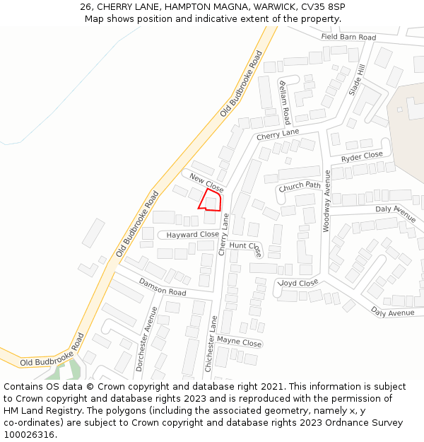 26, CHERRY LANE, HAMPTON MAGNA, WARWICK, CV35 8SP: Location map and indicative extent of plot