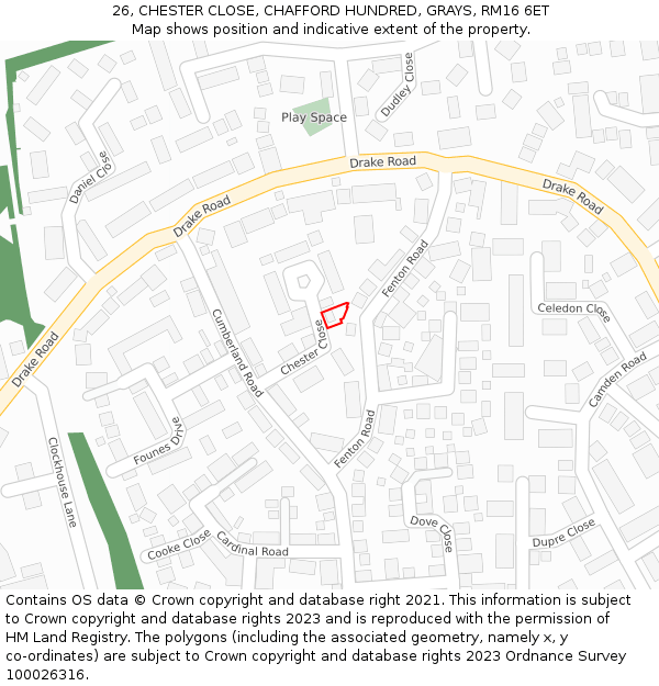 26, CHESTER CLOSE, CHAFFORD HUNDRED, GRAYS, RM16 6ET: Location map and indicative extent of plot