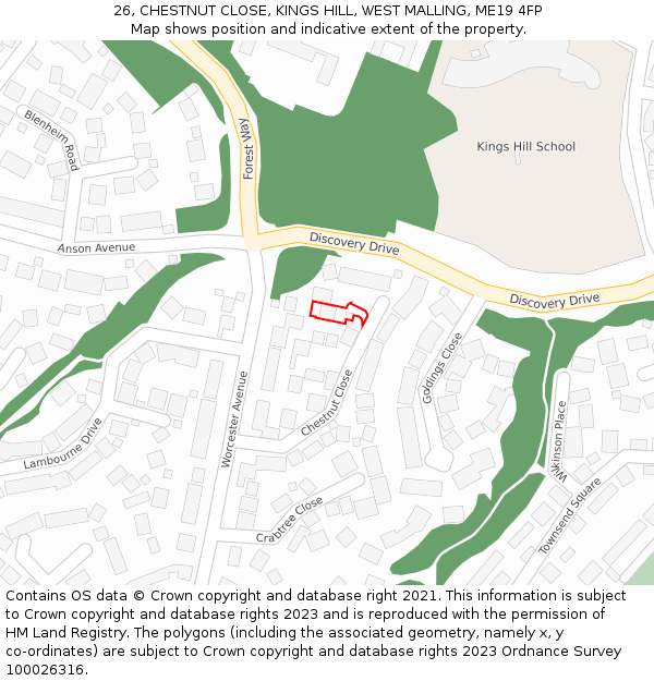 26, CHESTNUT CLOSE, KINGS HILL, WEST MALLING, ME19 4FP: Location map and indicative extent of plot