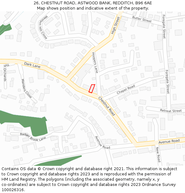 26, CHESTNUT ROAD, ASTWOOD BANK, REDDITCH, B96 6AE: Location map and indicative extent of plot