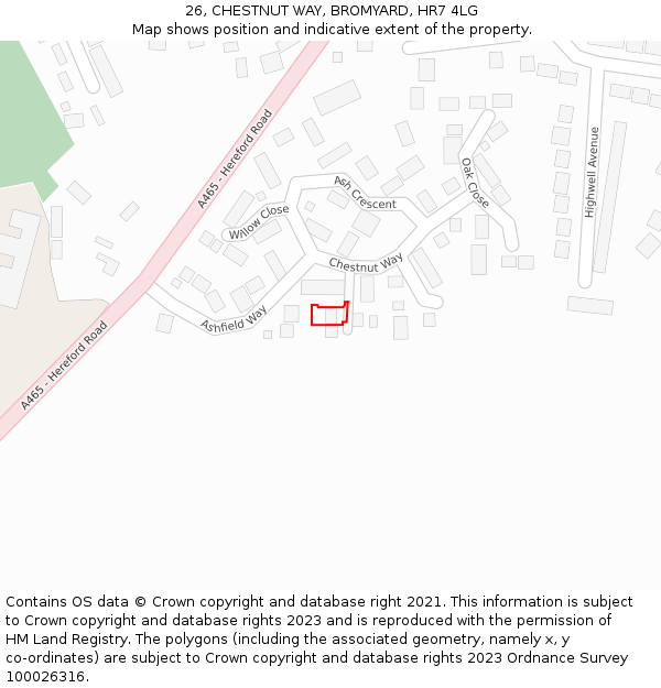 26, CHESTNUT WAY, BROMYARD, HR7 4LG: Location map and indicative extent of plot