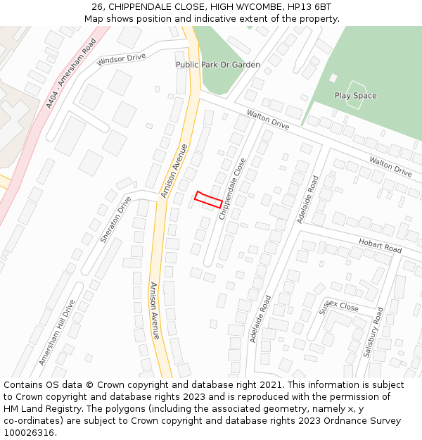 26, CHIPPENDALE CLOSE, HIGH WYCOMBE, HP13 6BT: Location map and indicative extent of plot