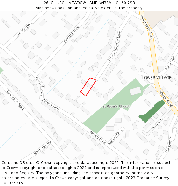 26, CHURCH MEADOW LANE, WIRRAL, CH60 4SB: Location map and indicative extent of plot