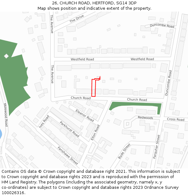 26, CHURCH ROAD, HERTFORD, SG14 3DP: Location map and indicative extent of plot