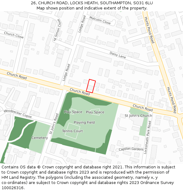 26, CHURCH ROAD, LOCKS HEATH, SOUTHAMPTON, SO31 6LU: Location map and indicative extent of plot