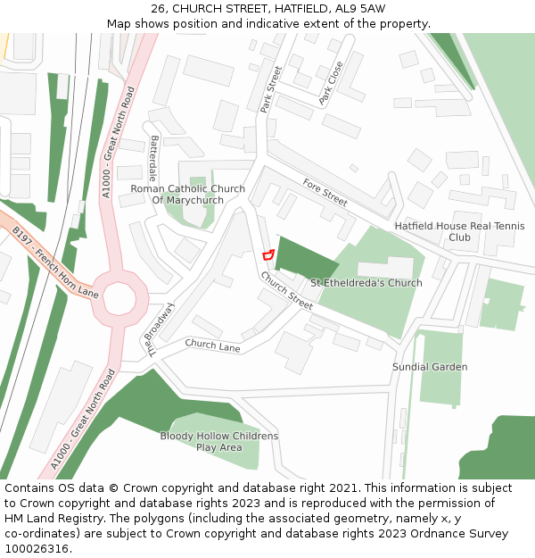 26, CHURCH STREET, HATFIELD, AL9 5AW: Location map and indicative extent of plot