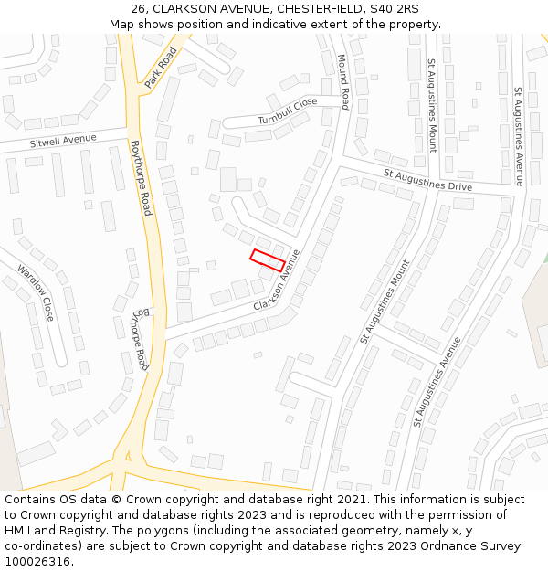 26, CLARKSON AVENUE, CHESTERFIELD, S40 2RS: Location map and indicative extent of plot