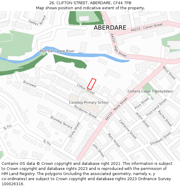 26, CLIFTON STREET, ABERDARE, CF44 7PB: Location map and indicative extent of plot