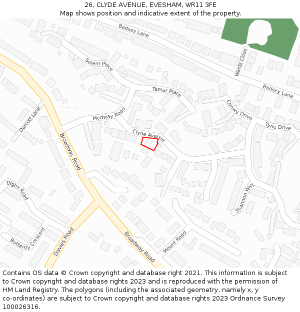 26, CLYDE AVENUE, EVESHAM, WR11 3FE: Location map and indicative extent of plot
