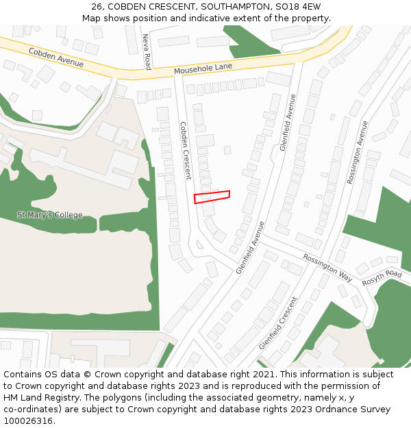 26, COBDEN CRESCENT, SOUTHAMPTON, SO18 4EW: Location map and indicative extent of plot