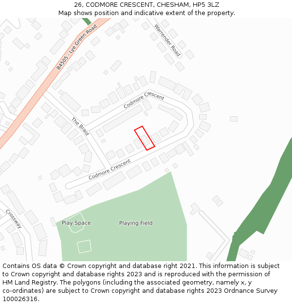 26, CODMORE CRESCENT, CHESHAM, HP5 3LZ: Location map and indicative extent of plot