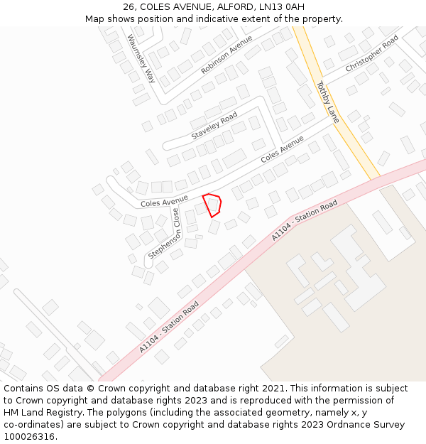 26, COLES AVENUE, ALFORD, LN13 0AH: Location map and indicative extent of plot