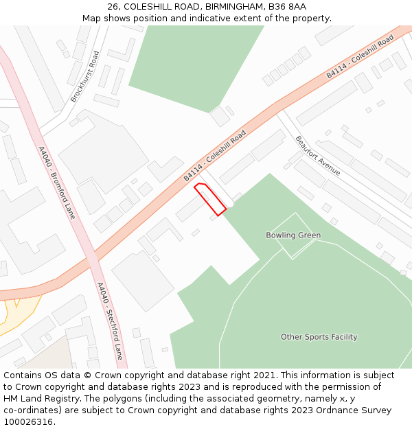 26, COLESHILL ROAD, BIRMINGHAM, B36 8AA: Location map and indicative extent of plot