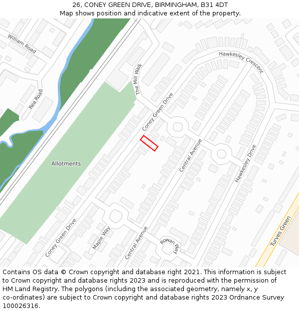 26, CONEY GREEN DRIVE, BIRMINGHAM, B31 4DT: Location map and indicative extent of plot