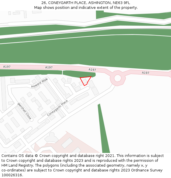 26, CONEYGARTH PLACE, ASHINGTON, NE63 9FL: Location map and indicative extent of plot
