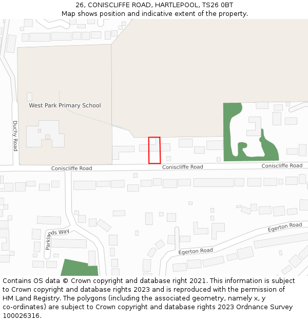 26, CONISCLIFFE ROAD, HARTLEPOOL, TS26 0BT: Location map and indicative extent of plot