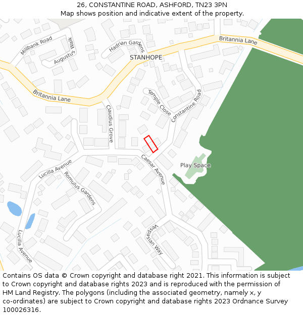 26, CONSTANTINE ROAD, ASHFORD, TN23 3PN: Location map and indicative extent of plot