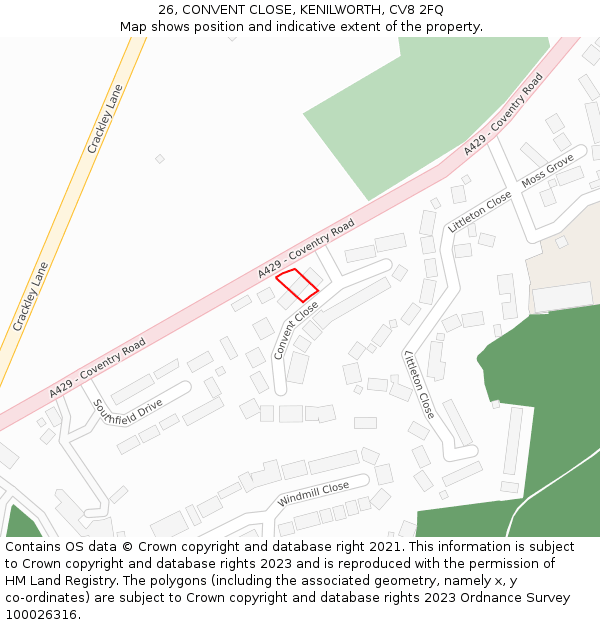 26, CONVENT CLOSE, KENILWORTH, CV8 2FQ: Location map and indicative extent of plot