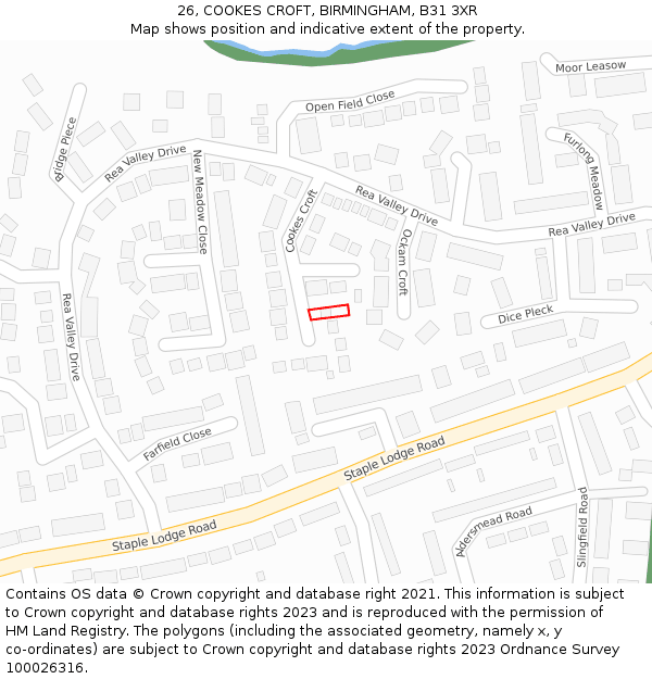 26, COOKES CROFT, BIRMINGHAM, B31 3XR: Location map and indicative extent of plot