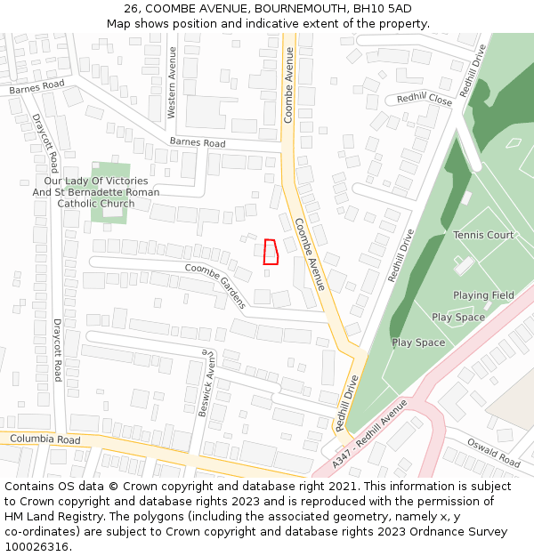 26, COOMBE AVENUE, BOURNEMOUTH, BH10 5AD: Location map and indicative extent of plot