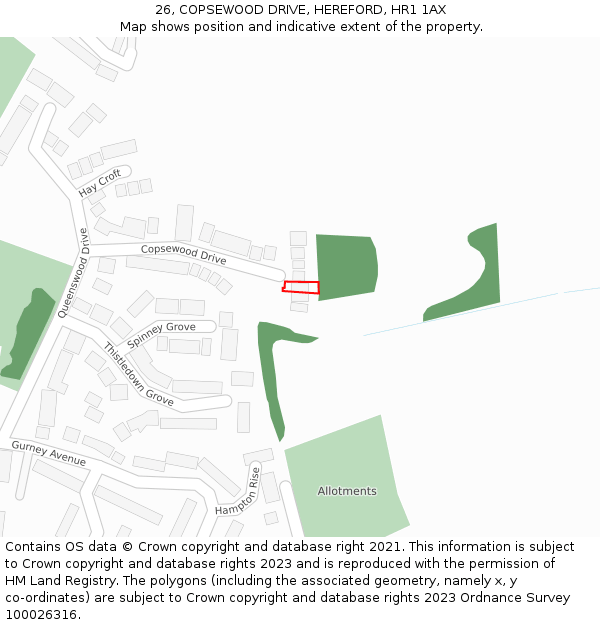 26, COPSEWOOD DRIVE, HEREFORD, HR1 1AX: Location map and indicative extent of plot