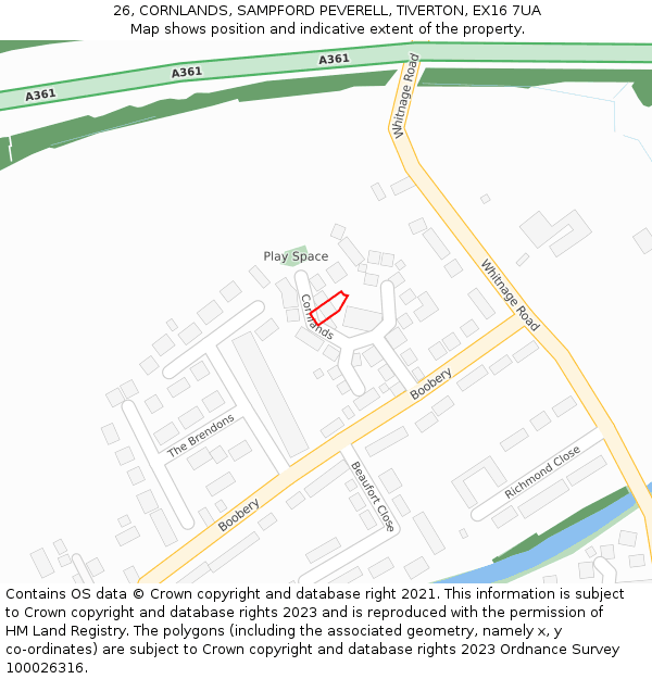 26, CORNLANDS, SAMPFORD PEVERELL, TIVERTON, EX16 7UA: Location map and indicative extent of plot