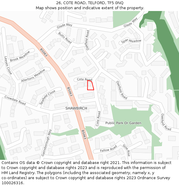 26, COTE ROAD, TELFORD, TF5 0NQ: Location map and indicative extent of plot
