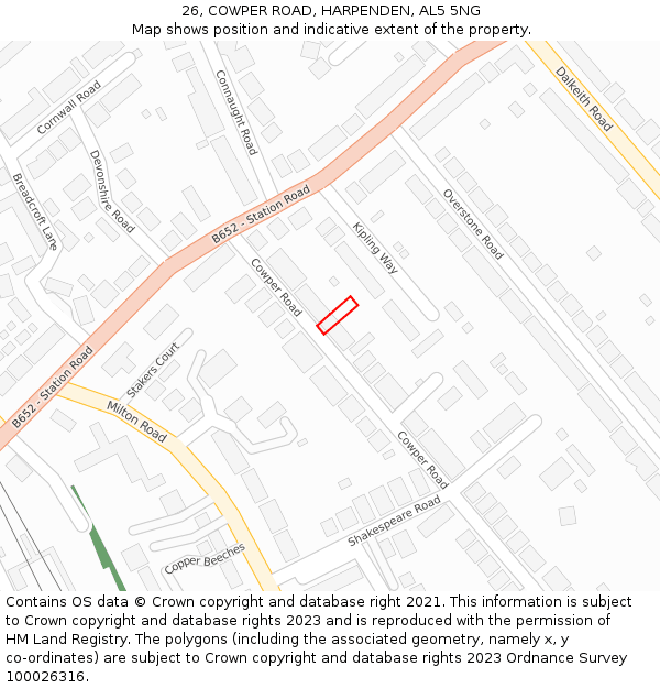 26, COWPER ROAD, HARPENDEN, AL5 5NG: Location map and indicative extent of plot