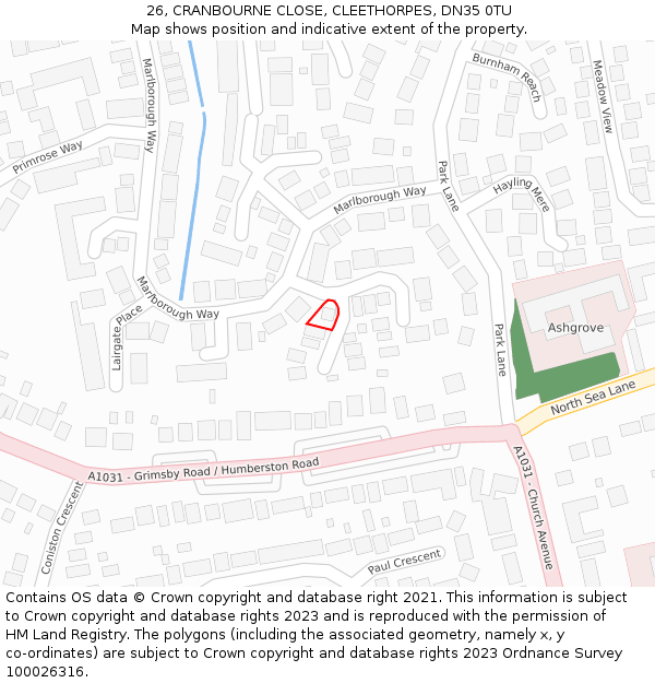 26, CRANBOURNE CLOSE, CLEETHORPES, DN35 0TU: Location map and indicative extent of plot