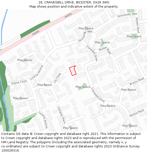 26, CRANESBILL DRIVE, BICESTER, OX26 3WG: Location map and indicative extent of plot