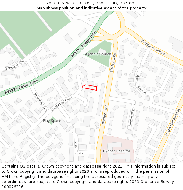 26, CRESTWOOD CLOSE, BRADFORD, BD5 8AG: Location map and indicative extent of plot