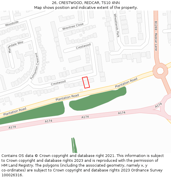 26, CRESTWOOD, REDCAR, TS10 4NN: Location map and indicative extent of plot