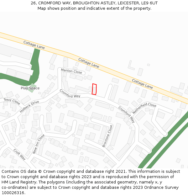 26, CROMFORD WAY, BROUGHTON ASTLEY, LEICESTER, LE9 6UT: Location map and indicative extent of plot