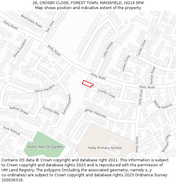 26, CROSBY CLOSE, FOREST TOWN, MANSFIELD, NG19 0PW: Location map and indicative extent of plot