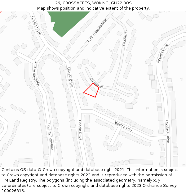 26, CROSSACRES, WOKING, GU22 8QS: Location map and indicative extent of plot