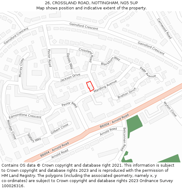 26, CROSSLAND ROAD, NOTTINGHAM, NG5 5UP: Location map and indicative extent of plot