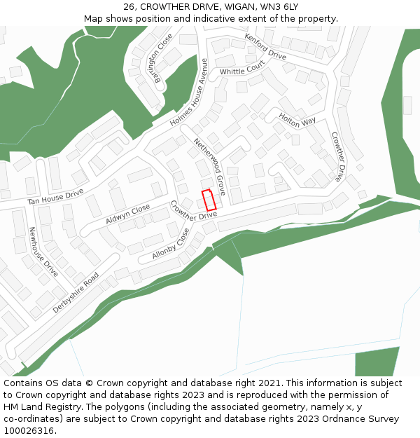 26, CROWTHER DRIVE, WIGAN, WN3 6LY: Location map and indicative extent of plot