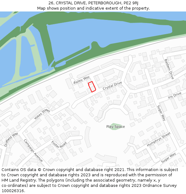 26, CRYSTAL DRIVE, PETERBOROUGH, PE2 9RJ: Location map and indicative extent of plot