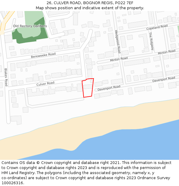 26, CULVER ROAD, BOGNOR REGIS, PO22 7EF: Location map and indicative extent of plot