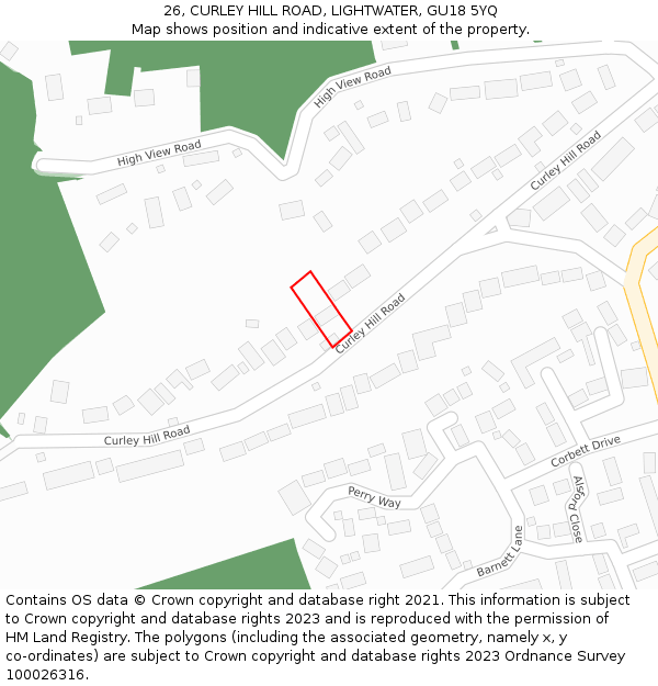 26, CURLEY HILL ROAD, LIGHTWATER, GU18 5YQ: Location map and indicative extent of plot