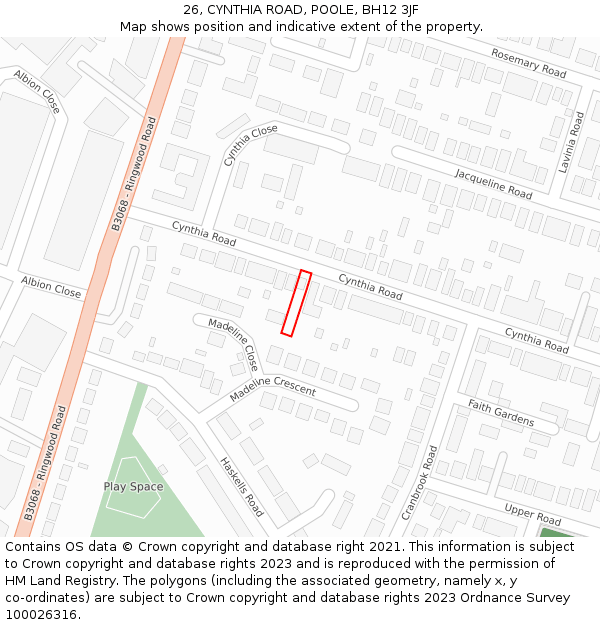 26, CYNTHIA ROAD, POOLE, BH12 3JF: Location map and indicative extent of plot