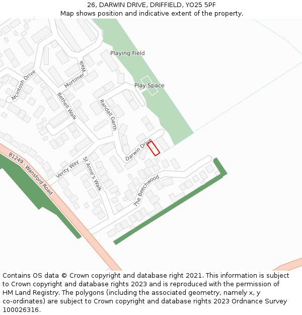 26, DARWIN DRIVE, DRIFFIELD, YO25 5PF: Location map and indicative extent of plot