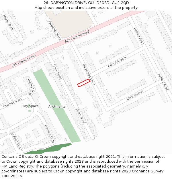 26, DARYNGTON DRIVE, GUILDFORD, GU1 2QD: Location map and indicative extent of plot