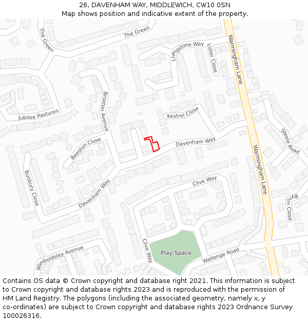 26, DAVENHAM WAY, MIDDLEWICH, CW10 0SN: Location map and indicative extent of plot