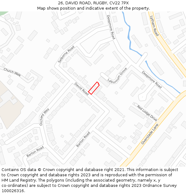 26, DAVID ROAD, RUGBY, CV22 7PX: Location map and indicative extent of plot