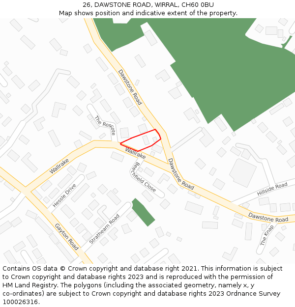 26, DAWSTONE ROAD, WIRRAL, CH60 0BU: Location map and indicative extent of plot